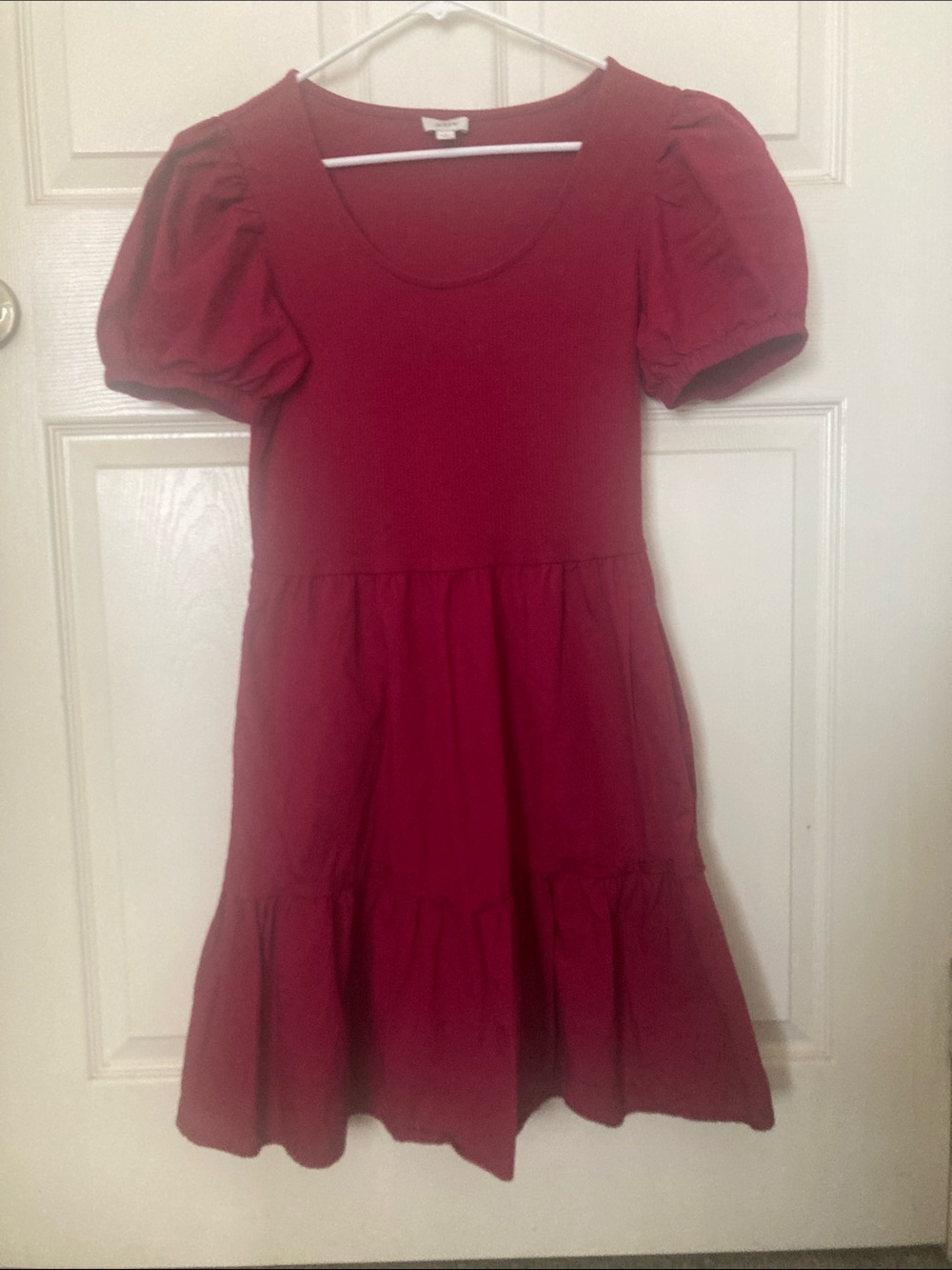 J. Crew Wine-Red Puff Sleeve Tiered Midi Dress
